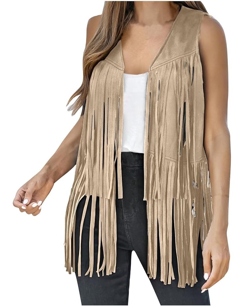 Women's Vintage Western Fringe Vest Tops Classic Suede Leather 70s Cowgirl Shirt Sleeveless Tassels Cardigan Jackets 01_khaki...