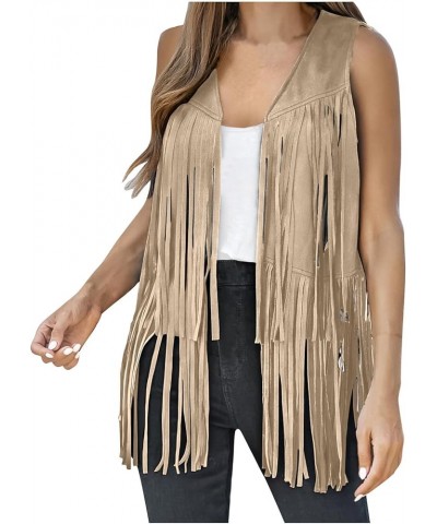 Women's Vintage Western Fringe Vest Tops Classic Suede Leather 70s Cowgirl Shirt Sleeveless Tassels Cardigan Jackets 01_khaki...