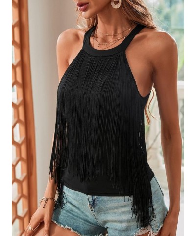 Women Fringe High Neck Tank Top - Boho Halter Tassel Tops Rave Country Festival Concert Outfits Cowgirl Shirts Black $13.13 T...