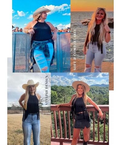 Women Fringe High Neck Tank Top - Boho Halter Tassel Tops Rave Country Festival Concert Outfits Cowgirl Shirts Black $13.13 T...