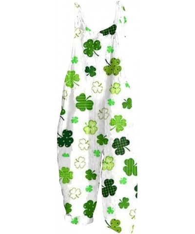 Jumpsuits for Women St. Patrick's Day Loose Sleeveless Rompers Causal Wide Legs Overalls Shamrock Printed Linen Jumpers 3-cam...