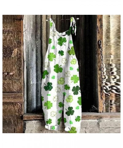 Jumpsuits for Women St. Patrick's Day Loose Sleeveless Rompers Causal Wide Legs Overalls Shamrock Printed Linen Jumpers 3-cam...