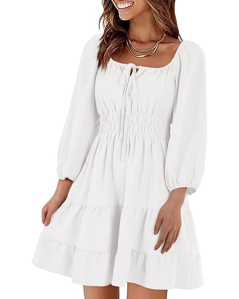 Womens Square Neck Dresses 3/4 Puff Sleeve Smocked Tiered Mini Dress White $21.72 Dresses