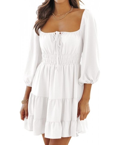 Womens Square Neck Dresses 3/4 Puff Sleeve Smocked Tiered Mini Dress White $21.72 Dresses