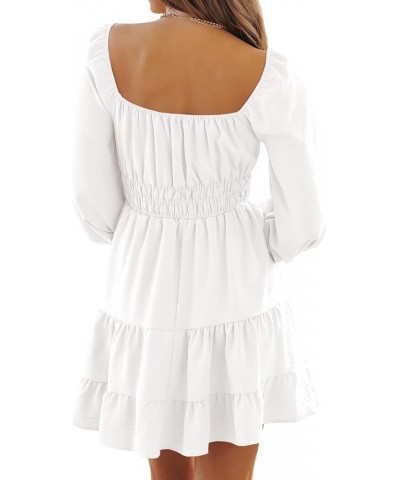 Womens Square Neck Dresses 3/4 Puff Sleeve Smocked Tiered Mini Dress White $21.72 Dresses