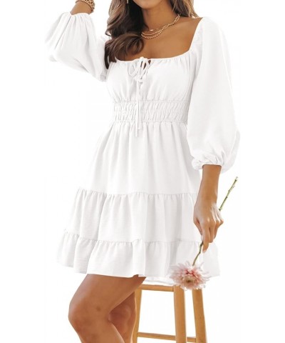 Womens Square Neck Dresses 3/4 Puff Sleeve Smocked Tiered Mini Dress White $21.72 Dresses