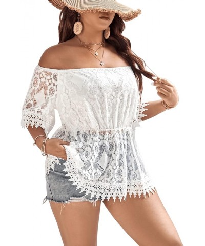 Women's Plus Size Off Shoulder Half Sleeve Contrast Lace Peplum Top White $14.40 Blouses