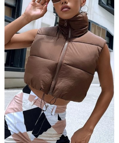 Women Crop Vest Lightweight Stand Collar Sleeveless Puffer Vest Padded Gilet Brown $8.84 Vests