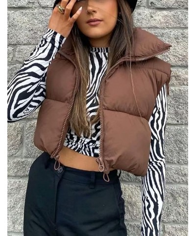 Women Crop Vest Lightweight Stand Collar Sleeveless Puffer Vest Padded Gilet Brown $8.84 Vests