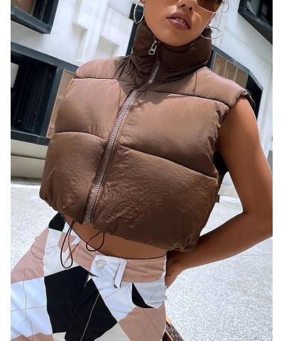 Women Crop Vest Lightweight Stand Collar Sleeveless Puffer Vest Padded Gilet Brown $8.84 Vests