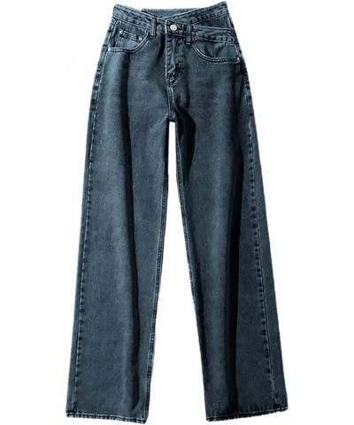 Jeans for Women Crossed High Rise Wide Leg Jeans Button Pocket Trousers Slacks Straight Leg Pants Grey $10.84 Jeans