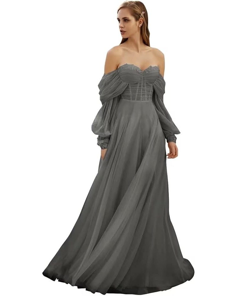 Women's Tulle Long Prom Dress Puffy Sleeve 2023 Off Shoulder Sweetheart Vintage Evening Party Gowns Grey $32.40 Dresses