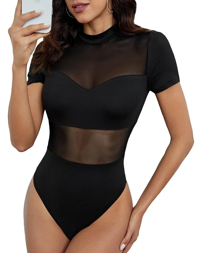 Women's Sheer Contrast Mesh Mock Neck Sexy Short Sleeve Party Summer Bodysuit Black $12.59 Bodysuits