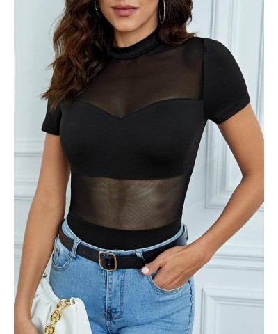 Women's Sheer Contrast Mesh Mock Neck Sexy Short Sleeve Party Summer Bodysuit Black $12.59 Bodysuits