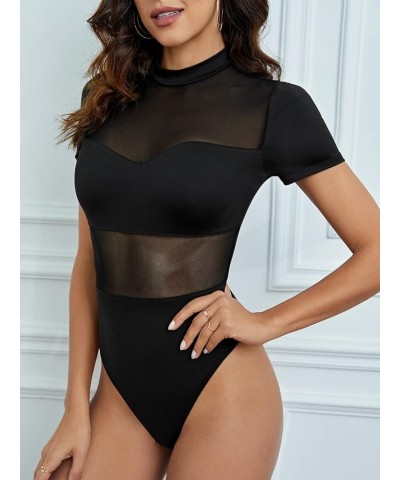 Women's Sheer Contrast Mesh Mock Neck Sexy Short Sleeve Party Summer Bodysuit Black $12.59 Bodysuits