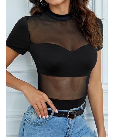 Women's Sheer Contrast Mesh Mock Neck Sexy Short Sleeve Party Summer Bodysuit Black $12.59 Bodysuits