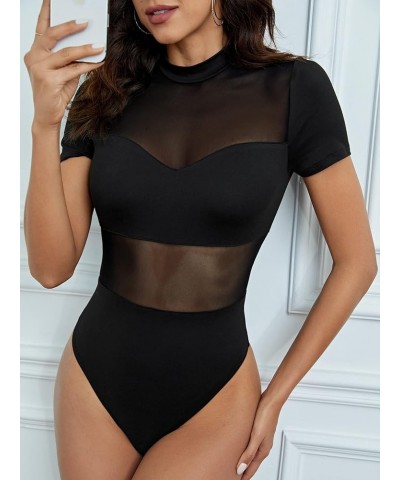 Women's Sheer Contrast Mesh Mock Neck Sexy Short Sleeve Party Summer Bodysuit Black $12.59 Bodysuits