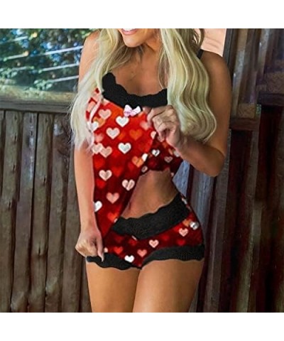 Womens Pajama Sets Shorts And Tank Top Cami Sleeveless Sleepwear Lace Trim PJ Sets Loungewear Pjs Shorts Set Red $6.70 Sleep ...