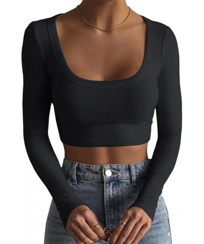 Long Sleeve Crop Tops for Women Y2k Cute Ribbed Going Out Top Basic Square Neck Fitted Tee Shirt Fall Black $11.99 Tops