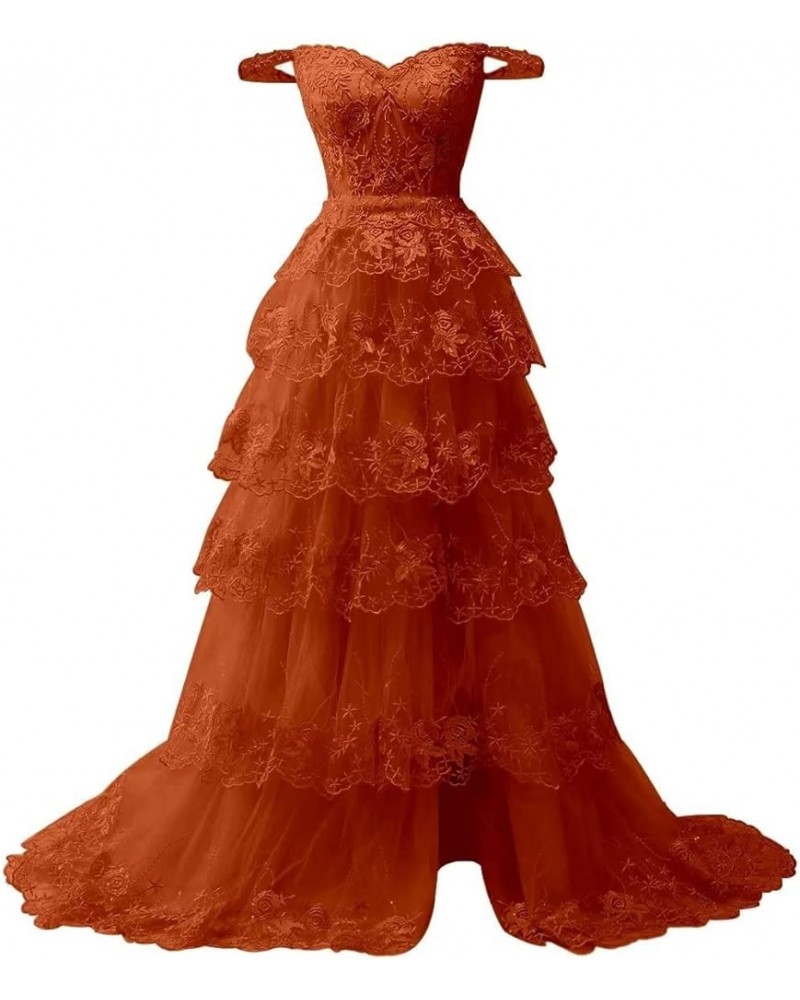 Women Tiered Tulle Lace Appliques Prom Dress A-Line Formal Ball Gown for 2023 Evening Party Dresses Burnt Orange $46.64 Dresses