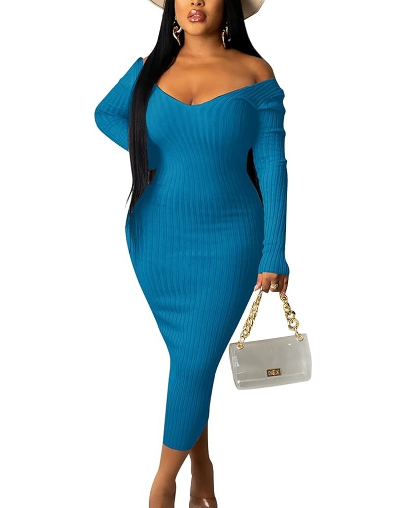 Ribbed Dress for Women - Sexy Off Shoulder Long Sleeves Slim Knit Bodycon Midi Solid Pencil Dresses for Club Cocktail Blue $1...