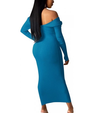 Ribbed Dress for Women - Sexy Off Shoulder Long Sleeves Slim Knit Bodycon Midi Solid Pencil Dresses for Club Cocktail Blue $1...