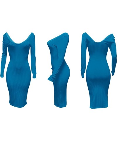 Ribbed Dress for Women - Sexy Off Shoulder Long Sleeves Slim Knit Bodycon Midi Solid Pencil Dresses for Club Cocktail Blue $1...