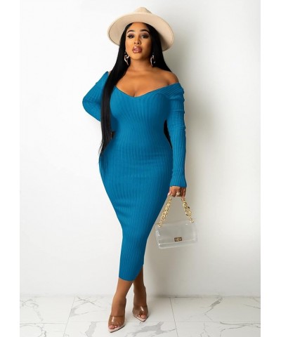 Ribbed Dress for Women - Sexy Off Shoulder Long Sleeves Slim Knit Bodycon Midi Solid Pencil Dresses for Club Cocktail Blue $1...