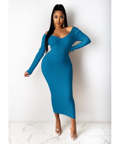 Ribbed Dress for Women - Sexy Off Shoulder Long Sleeves Slim Knit Bodycon Midi Solid Pencil Dresses for Club Cocktail Blue $1...