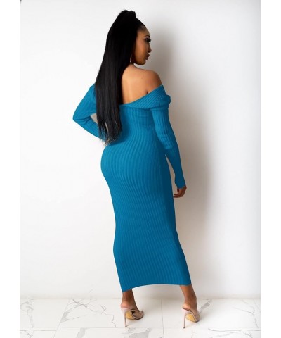 Ribbed Dress for Women - Sexy Off Shoulder Long Sleeves Slim Knit Bodycon Midi Solid Pencil Dresses for Club Cocktail Blue $1...