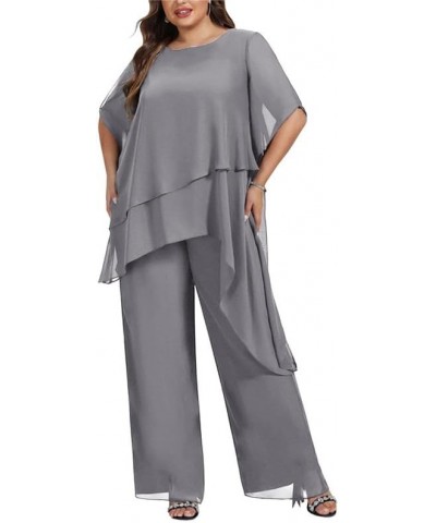 2 Pcs Mother of The Bride Pant Suits Outfit Chiffon Asymmetric Plus Size Grandmother Formal Wedding Guest Groom Dresses Silve...