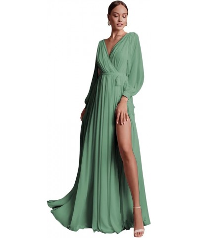 Chiffon Long Sleeve Bridesmaid Dresses for Women Double V Neck Ruched High Slit A-line Prom Dress with Sash Eucalyptus $25.30...