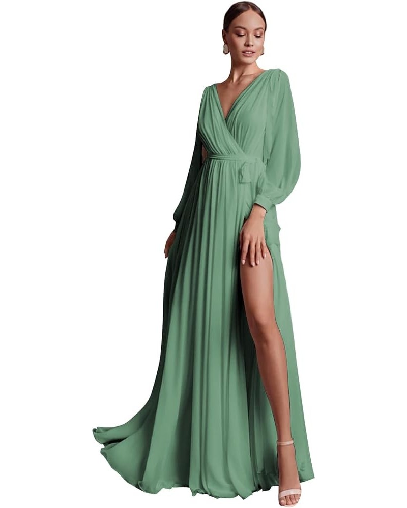 Chiffon Long Sleeve Bridesmaid Dresses for Women Double V Neck Ruched High Slit A-line Prom Dress with Sash Eucalyptus $25.30...