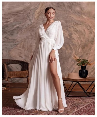 Chiffon Long Sleeve Bridesmaid Dresses for Women Double V Neck Ruched High Slit A-line Prom Dress with Sash Eucalyptus $25.30...