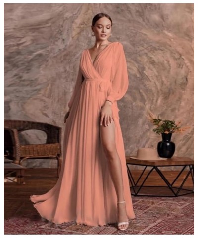 Chiffon Long Sleeve Bridesmaid Dresses for Women Double V Neck Ruched High Slit A-line Prom Dress with Sash Eucalyptus $25.30...