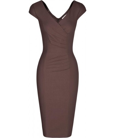 Women's 1950's Vintage V Neck Ruched Sheath Formal Pencil Dress Brown $16.38 Dresses