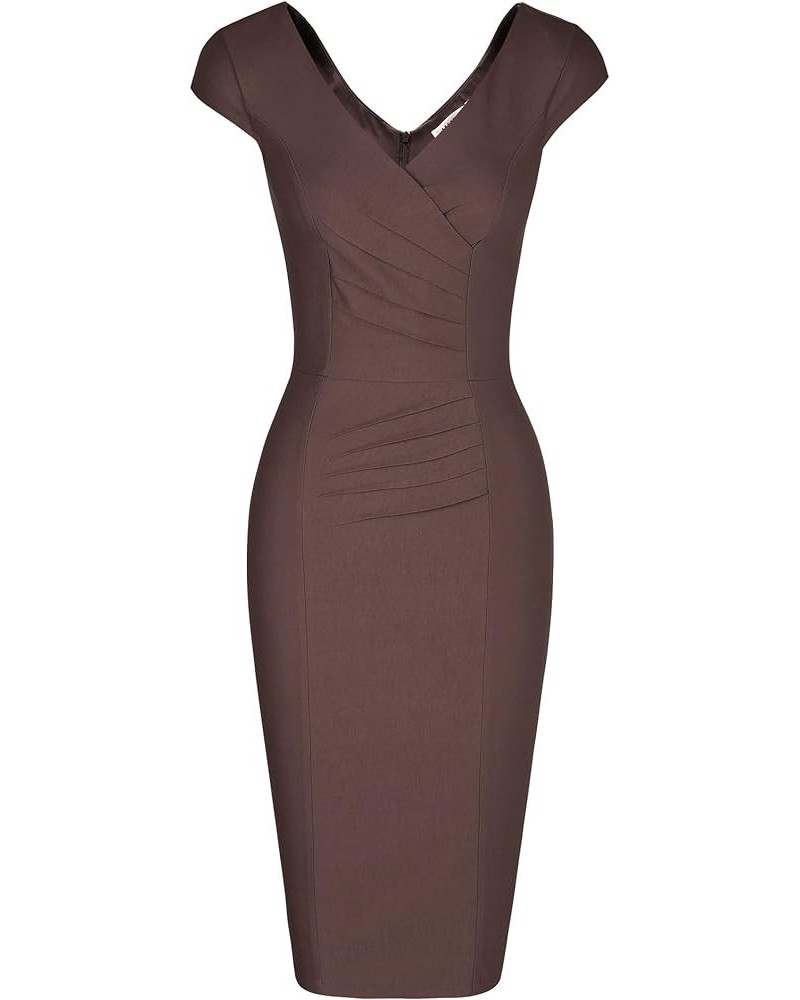 Women's 1950's Vintage V Neck Ruched Sheath Formal Pencil Dress Brown $16.38 Dresses