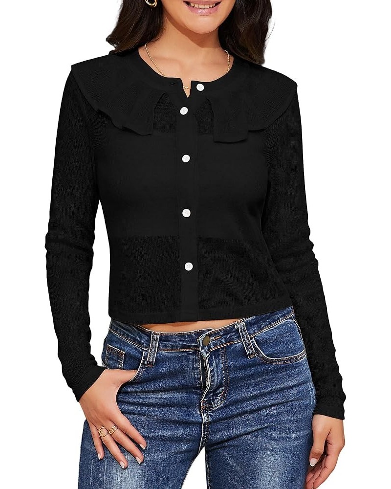 Women's Ruffle Cropped Cardigan Sweaters Long Sleeve Button Shrug Sweater Open Front Knit Shrugs for Dresses Tops Black $8.40...