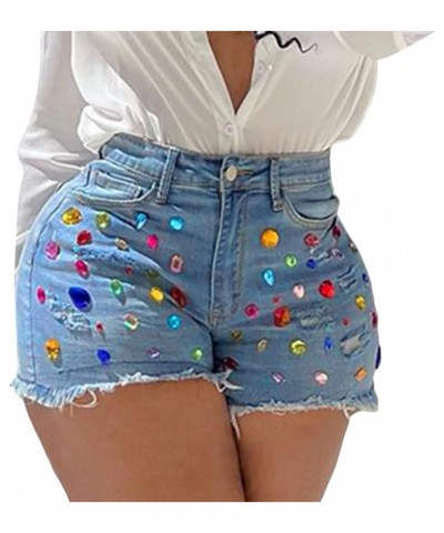 Sweatpants Shorts for Women Classic Denim Women's Rhinestone Denim Shorts Mid Waist Ripped Frayed Hem Tessles Blue $12.08 Shorts