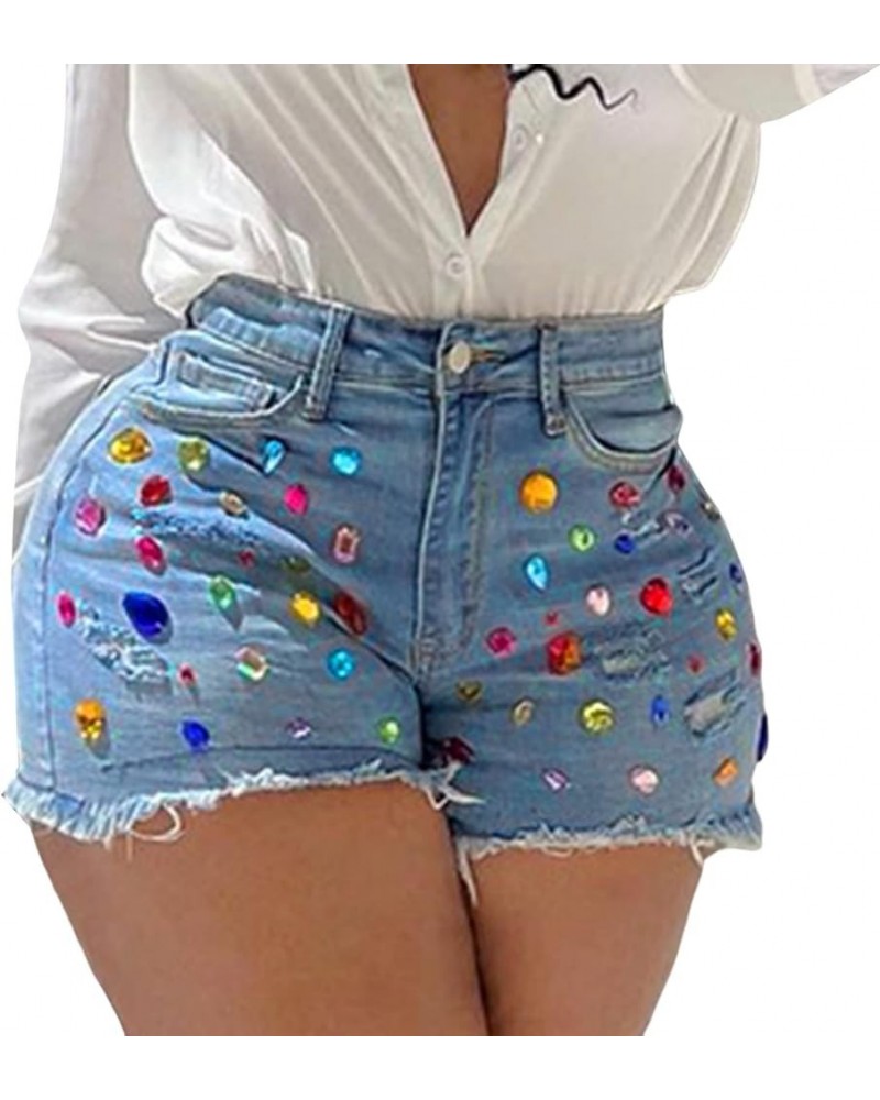 Sweatpants Shorts for Women Classic Denim Women's Rhinestone Denim Shorts Mid Waist Ripped Frayed Hem Tessles Blue $12.08 Shorts