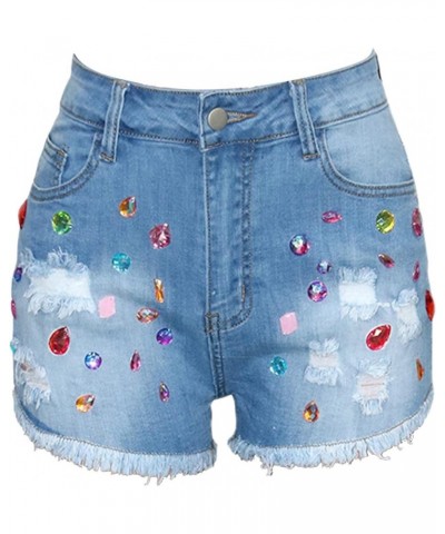 Sweatpants Shorts for Women Classic Denim Women's Rhinestone Denim Shorts Mid Waist Ripped Frayed Hem Tessles Blue $12.08 Shorts