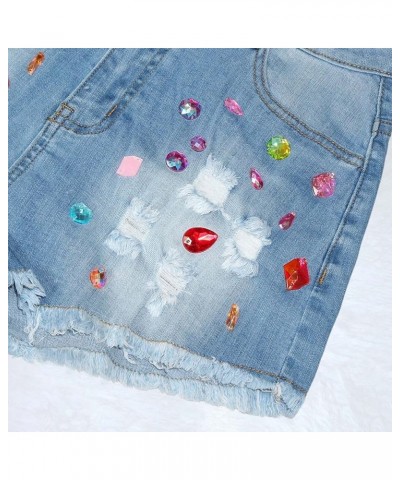 Sweatpants Shorts for Women Classic Denim Women's Rhinestone Denim Shorts Mid Waist Ripped Frayed Hem Tessles Blue $12.08 Shorts