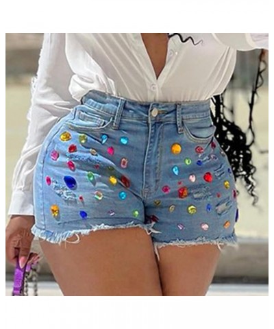 Sweatpants Shorts for Women Classic Denim Women's Rhinestone Denim Shorts Mid Waist Ripped Frayed Hem Tessles Blue $12.08 Shorts