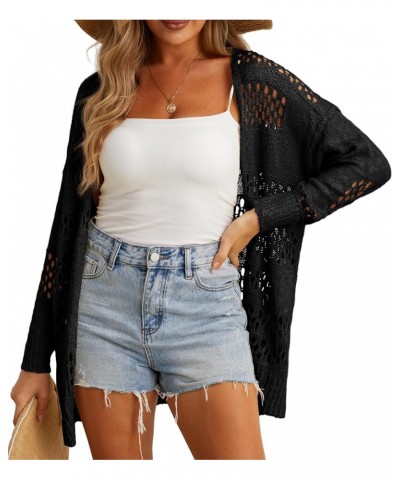 Womens 2024 Summer Crochet Cardigan Sweater Long Sleeve Boho Oversized Open Front Outwear Black $13.28 Sweaters