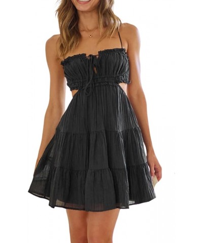 Women Cute Sweet Mini Dress Spaghetti Strap Tiered Short Dress Backless Strappy A line Flare Graduation Dress Ce Black $12.93...