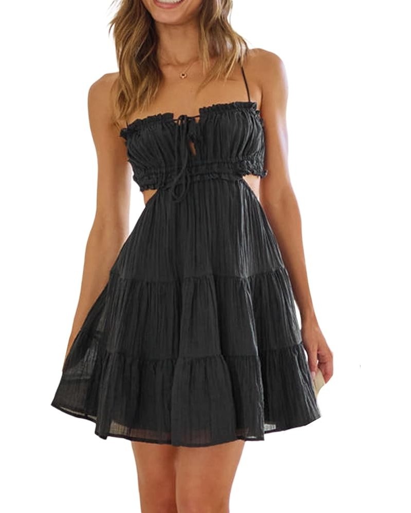 Women Cute Sweet Mini Dress Spaghetti Strap Tiered Short Dress Backless Strappy A line Flare Graduation Dress Ce Black $12.93...