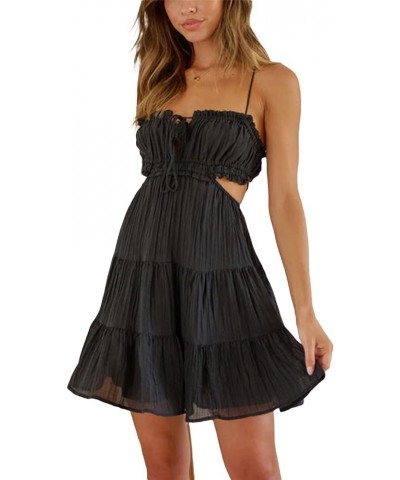 Women Cute Sweet Mini Dress Spaghetti Strap Tiered Short Dress Backless Strappy A line Flare Graduation Dress Ce Black $12.93...