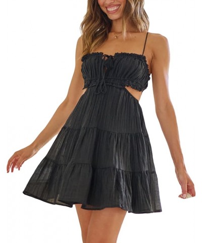 Women Cute Sweet Mini Dress Spaghetti Strap Tiered Short Dress Backless Strappy A line Flare Graduation Dress Ce Black $12.93...