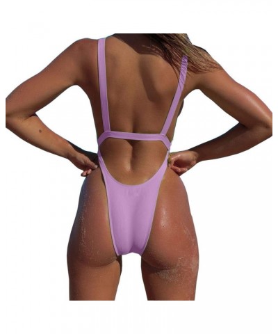 Women's Sexy Bare Midriff Neon V Neck Tie Front Cutout High Cut One Piece Swimsuit Bathing Suit Light Purple $13.50 Swimsuits