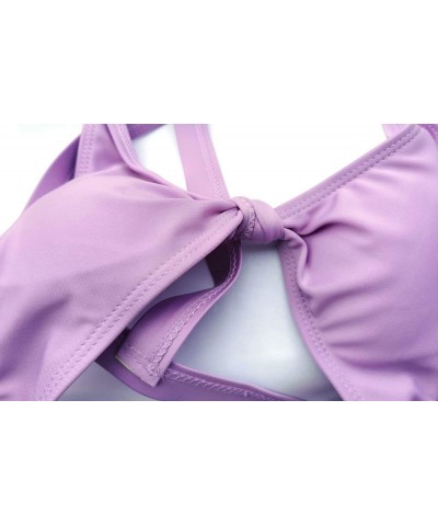 Women's Sexy Bare Midriff Neon V Neck Tie Front Cutout High Cut One Piece Swimsuit Bathing Suit Light Purple $13.50 Swimsuits